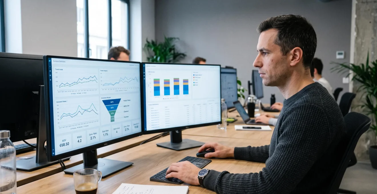 Consultant e-commerce analysant des données de performance et métriques de conversion sur écrans multiples