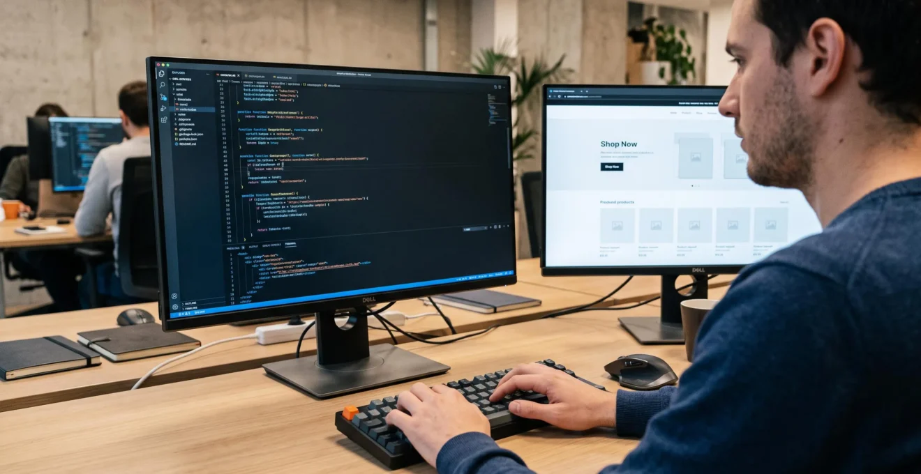 Développeur web travaillant sur le code d'une plateforme e-commerce dans une agence